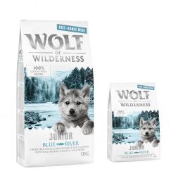 12 + 2 kg gratis! 14 kg Wolf of Wilderness Trockenfutter - JUNIOR Blue River - Freilandhuhn & Lachs