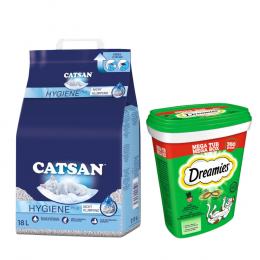 18 l Catsan Katzenstreu + 2 x 350 g Dreamies Snacks zum Sonderpreis! - Hygiene plus Katzenstreu + Katzensnacks mit Katzenminze