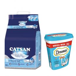 18 l Catsan Katzenstreu + 2 x 350 g Dreamies Snacks zum Sonderpreis! - Hygiene plus Katzenstreu + Katzensnacks mit Lachs