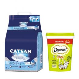 18 l Catsan Katzenstreu + 2 x 350 g Dreamies Snacks zum Sonderpreis! - Hygiene plus Katzenstreu + Katzensnacks mit Thunfisch