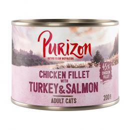 Purizon Sterilised Adult Truthahn & Huhn - getreidefrei - Als Ergänzung: 6 x 200 g Hühnerfilet mit Truthahn & Lachs Nassfutter
