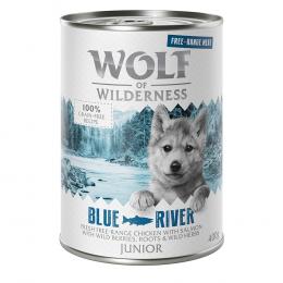 10 + 2 gratis!  12 x 400 g Wolf of Wilderness - JUNIOR Blue River - Freiland-Huhn & Lachs