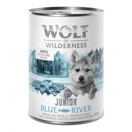10 + 2 gratis!  12 x 400 g Wolf of Wilderness - JUNIOR Blue River - Huhn & Lachs