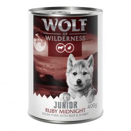 10 + 2 gratis!  12 x 400 g Wolf of Wilderness - JUNIOR Ruby Midnight - Schwein, Rind, Kaninchen