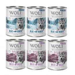 10% Rabatt! Wolf of Wilderness Mixpakete - Junior, Adult & Senior - 6 x 400 g: JUNIOR Freiland-Ente & -Kalb, Freiland-Huhn & Lachs