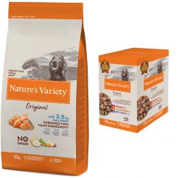 12 kg Nature's Variety Medium/Maxi Adult + 4 x 300 g Nassfutter-Mix zum Sonderpreis! - Original No Grain Lachs + Original Paté No Grain-Mixpaket