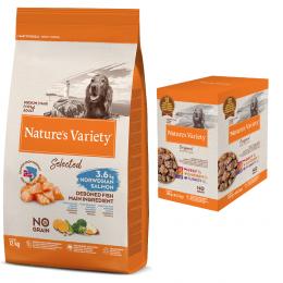 12 kg Nature's Variety Medium/Maxi Adult + 4 x 300 g Nassfutter-Mix zum Sonderpreis! - Selected Norwegischer Lachs + Original Paté No Grain-Mixpaket