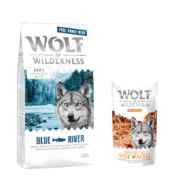 12 kg Wolf of Wilderness + 100 g Training Snack gratis! - Blue River - Freiland-Huhn & Lachs