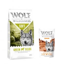 12 kg Wolf of Wilderness + 100 g Training Snack gratis! - Green Fields - Lamm (halbfeucht)