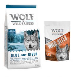 12 kg Wolf of Wilderness + 180 g Wild Bites Snack gratis! Blue River - Lachs + Huhn Snack