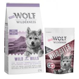 12 kg Wolf of Wilderness + 180 g Wild Bites Snack gratis! JUNIOR Wild Hills - Ente + JUNIOR Kalb Snack