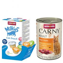 animonda Kombi-Paket: 12 x 400 g Carny Adult + 20 x 15 g Milkies Selection - Rind & Huhn + Milkies Snack (4 Sorten)