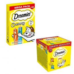 Dreamies Creamy Snacks + Variety Box zum Sonderpreis! - 12 x 10 g Huhn & Lachs + 12 x 60 g Mixbox (Huhn, Käse, Lachs)