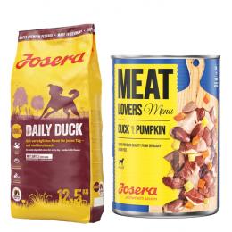 Josera Kombi-Paket: 12,5 kg Daily + 12 x 400 g Meatlovers Menü - 12,5 kg Ente + 12 x 400 g Ente & Kürbis