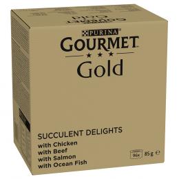 Jumbopack Gourmet Gold Saftig-Feine Streifen 96 x 85 g - Huhn, Meeresfisch, Rind, Lachs