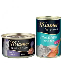 Miamor Kombi-Paket: Feine Filets 12 x 100 g + Trinkfein Vitaldrink 6 x 135 ml - Feine Filets Thunfisch & Calamari + Vitaldrink mit Thunfisch