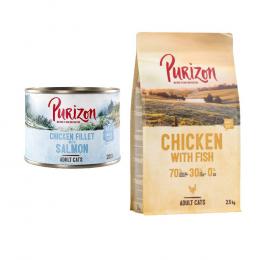 Purizon Kombi-Paket: 24 x 200 g Nassfutter + 2,5 kg Trockenfutter - Hühnerfilet mit Lachs + Original Huhn mit Fisch