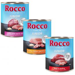 Rocco Junior 6 x 400 / 800 g 6 x 800 g: Mixpaket 2xGeflügel mit Wild/Reis, 2x Geflügel mit Hühnerherzen/Reis, 2x Rind mit Geflügel