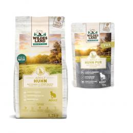 Wildes Land Cat Kombi-Paket: 12 x 100 g Nassfutter + 1,2 kg Trockenfutter - Huhn PUR mit Distelöl 12 x 100 g + Huhn & Gartengemüse 1,2 kg