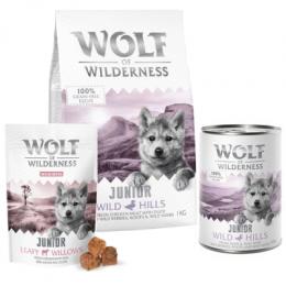 Wolf of Wilderness Junior Probierpaket - 3-er Set Ente & Kalb: Trockenfutter, Nassfutter, Snack